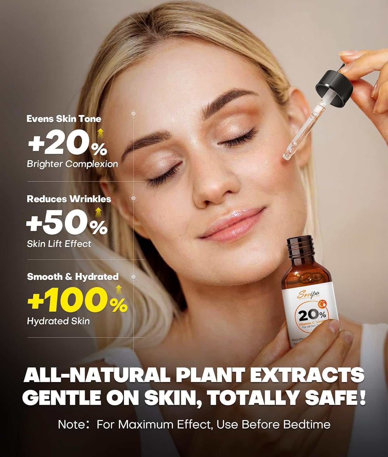 Pure Natural Skin Brightening & Anti Aging 20% Vitamin C Serum, Collagen Peptide Infused Face Serum for Deep Hydration, All-in-One Serum with Niacinamide, Retinol, Hyaluronic Acid, 2.02 Fl Oz