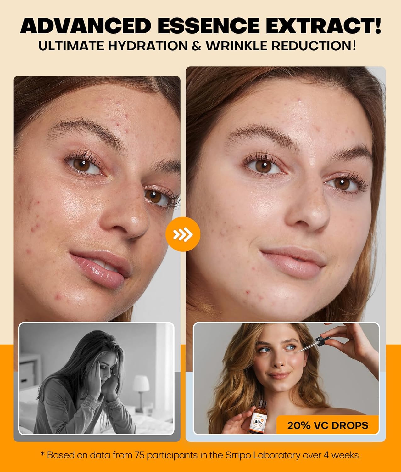Pure Natural Skin Brightening & Anti Aging 20% Vitamin C Serum, Collagen Peptide Infused Face Serum for Deep Hydration, All-in-One Serum with Niacinamide, Retinol, Hyaluronic Acid, 2.02 Fl Oz